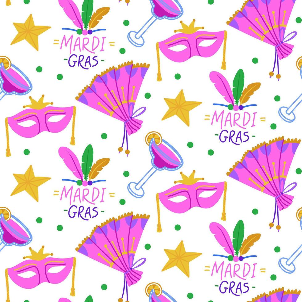 pattern of elements of a carnival costume for Mardi Gras. Fan, cocktail, feathers, star. Suitable for decorating materials, advertising campaigns and products related to the carnival, seamless texture vector