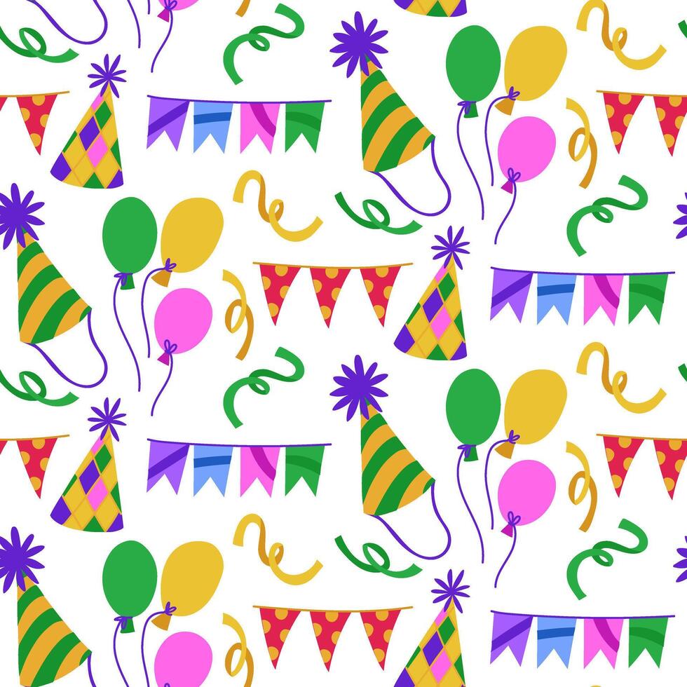 Pattern balls, flags, confetti. seamless festive texture is designed in flat style. suitable materials for decorating parties, holidays, advertisements and products related to various celebrations vector