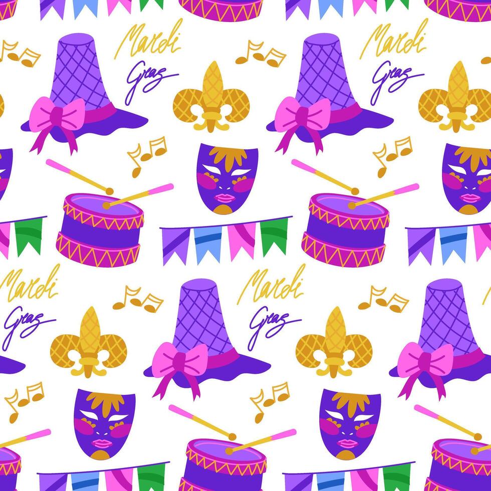 pattern of flowers for Mardi Gras. hat, drum, mask, flags, text. The flat illustration is suitable for decoration of carnival events, promotional materials and goods. Seamless texture on white vector