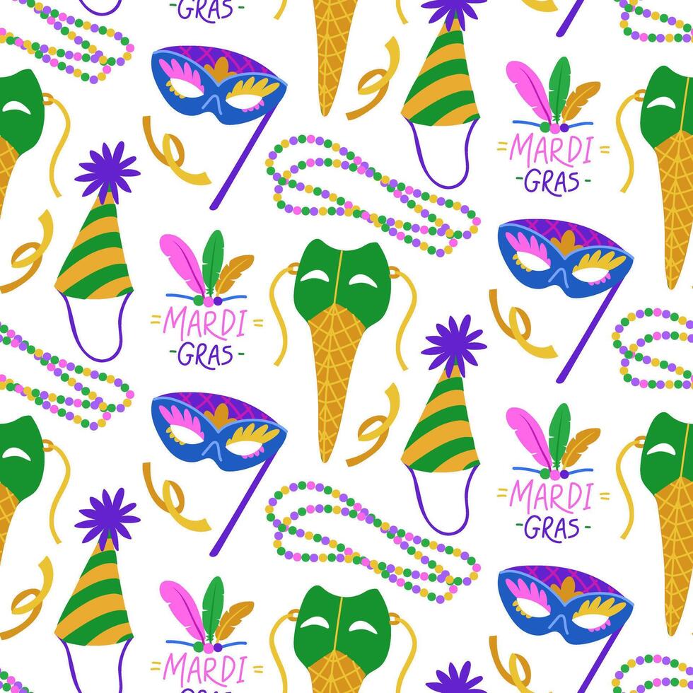pattern for Mardi Gras. Hat, beads, mask, cocktail, feathers. color flat illustration is suitable for decoration of carnival events, promotional materials and goods related to theme holidays. seamless vector