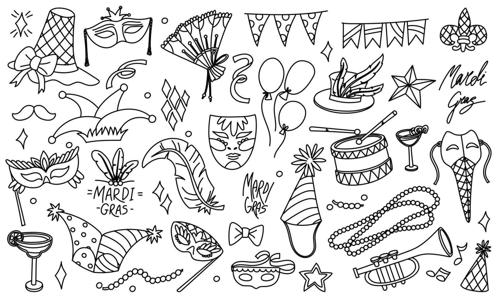 set of items for celebration of Mardi Gras, doodle. are suitable for decoration of holidays, events, promotional materials and goods related to the celebration of carnival. Black line on horizontal vector