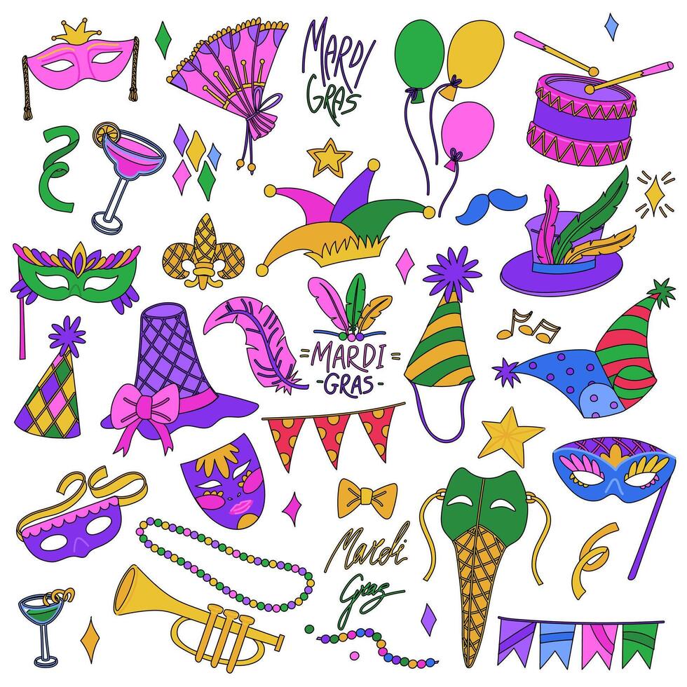 set of colored doodles for the Mardi Gras celebration. They are suitable for the decoration of holidays, events, promotional materials and goods related to the celebration of carnival. lines and color vector