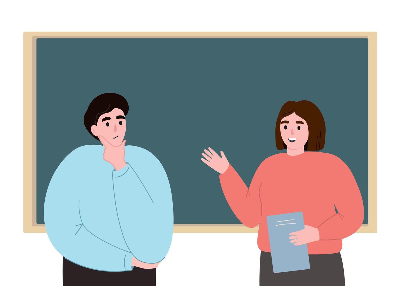 Students exchange knowledge. Teacher explaining the task. Discussion in the background. flat graphics vector