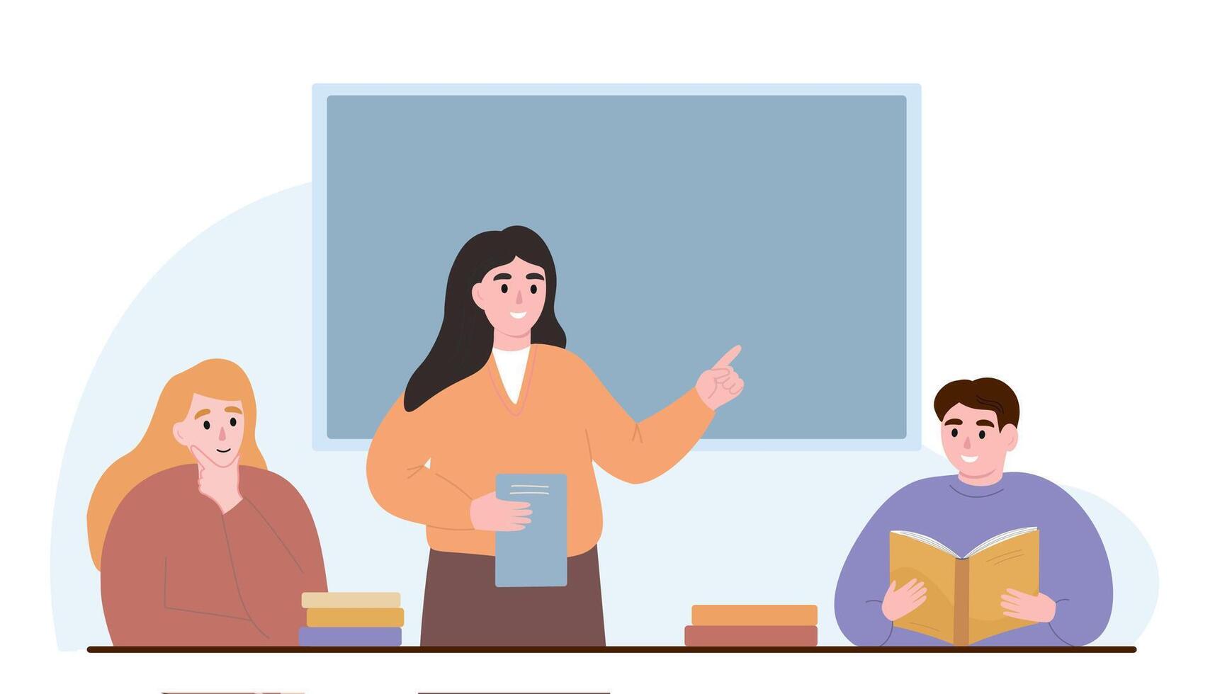 The teacher at the blackboard explains the lesson to the students. vector