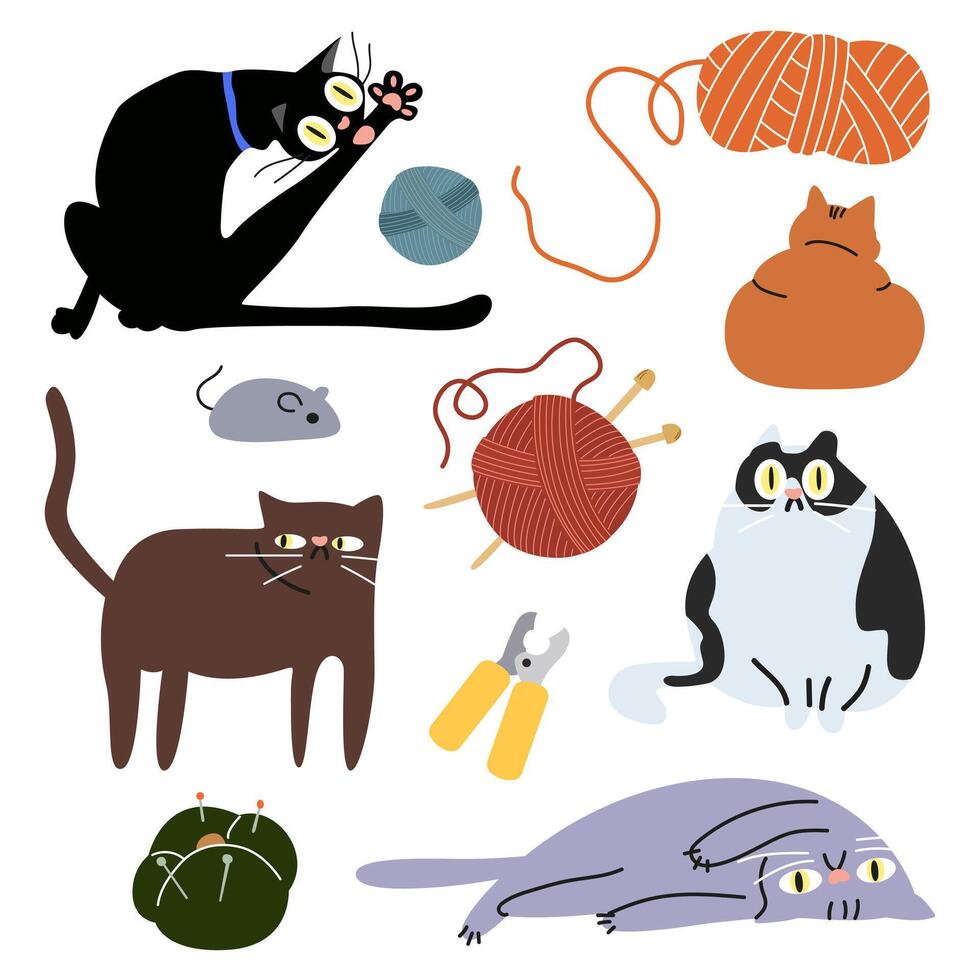 Different funny domestic cat with happy charming playful expression. Cats favorite household chores vector