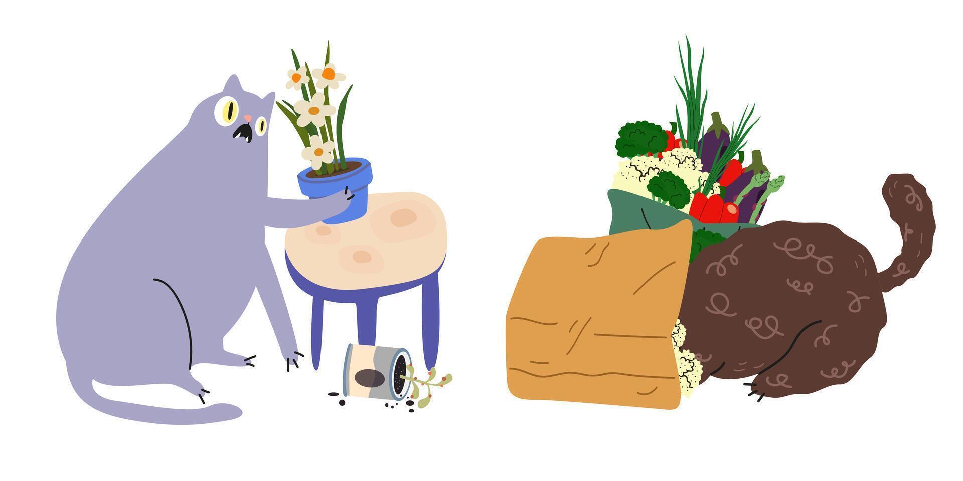 Cartoon cat characters left unattended make a mess, break pots of indoor plants and tear open packages vector
