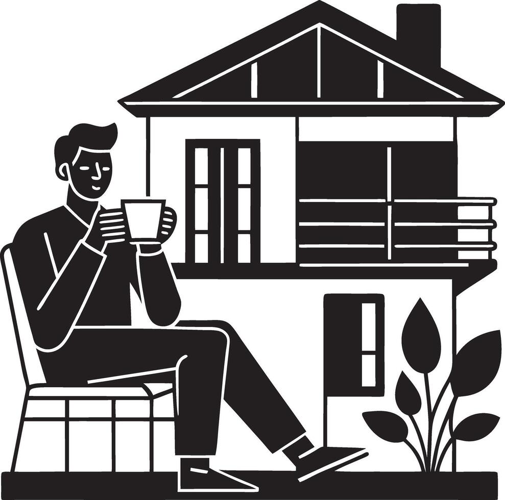 man sitting on chair in front of house with cup of coffee vector