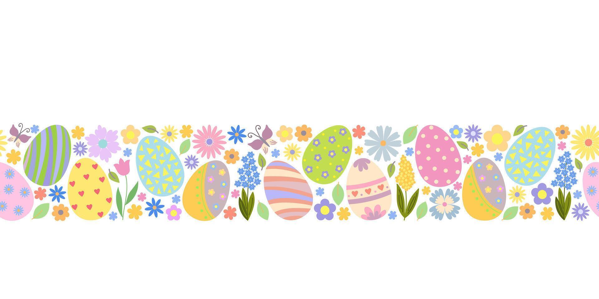 Easter floral banner with eggs, cute flowers, butterflies, leaves, early spring meadow ornament seamless horizontal border, hand drawn illustration traditional festive decor for card, poster vector