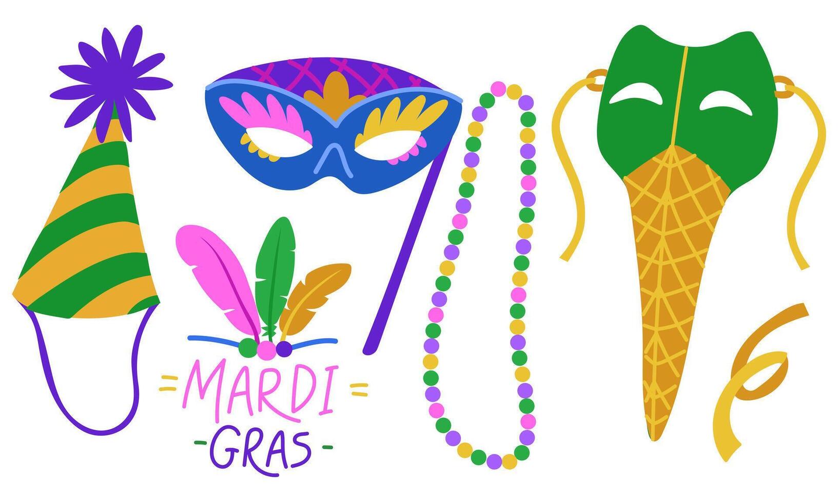 set for Mardi Gras. Hat, beads, mask, cocktail, feathers. color flat illustration is suitable for decoration of carnival events, promotional materials and goods related to the theme of the holidays. vector
