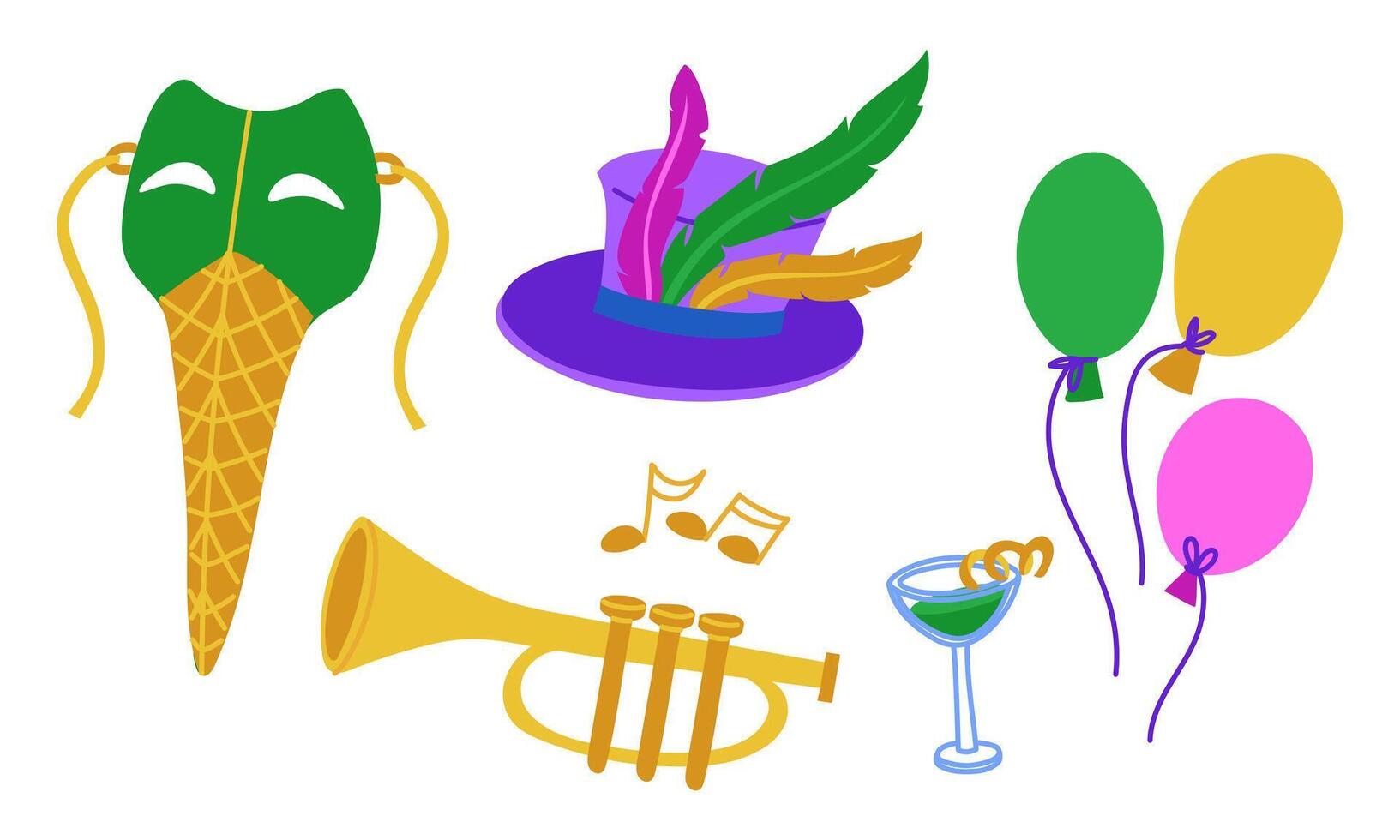 set for Mardi Gras. hat with feathers, balls, mask, cocktail, trumpet. color flat illustration is suitable for decoration of carnival events, promotional materials and goods related theme of holidays. vector