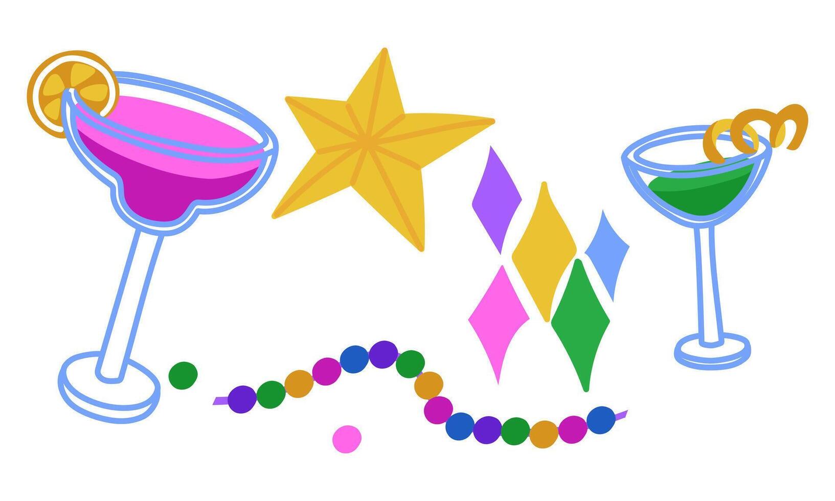 set of festive items for Mardi Gras. Cocktail, star, beads, confetti. It is suitable for decorating materials, advertising campaigns and products related to the Mardi Gras holiday, carnival vector