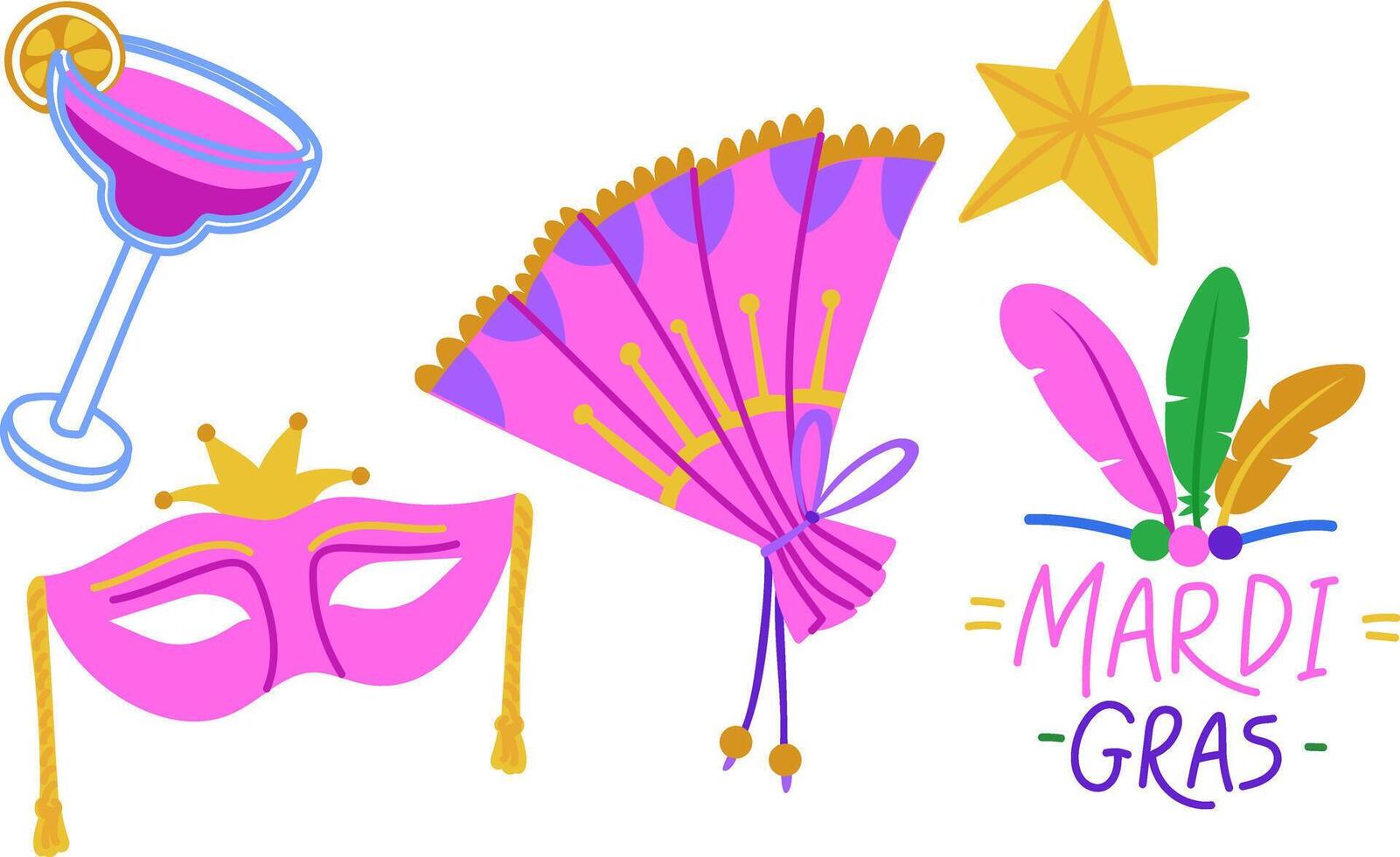 set of carnival costume elements for Mardi Gras. Fan, cocktail, feathers, star. It is suitable for decorating materials, advertising campaigns and products related to the Mardi Gras holiday, carnival vector