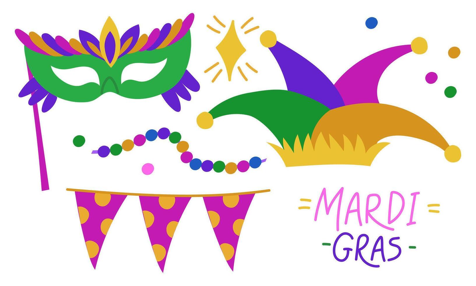 set of carnival costume elements for Mardi Gras. Mask, flags, jester's hat, glitter, beads. It is suitable for decorating materials, advertising campaigns and products related to holiday, carnival vector