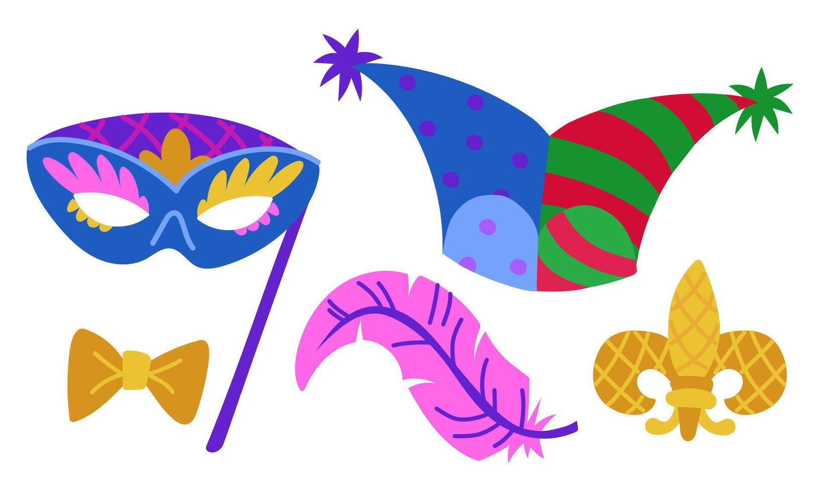 color set for Mardi Gras. a fool's hat, a feather, a mask, a bow. flat illustration is suitable for decoration of carnival events, promotional materials and goods related to the theme of the holidays. vector