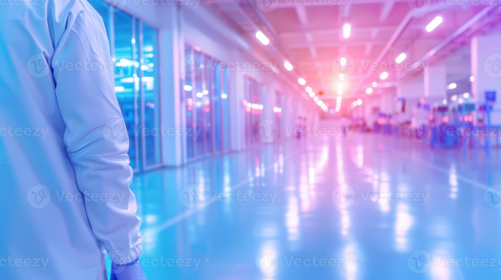 Partial view of scientist in laboratory hallway with high tech equipment and futuristic lighting photo