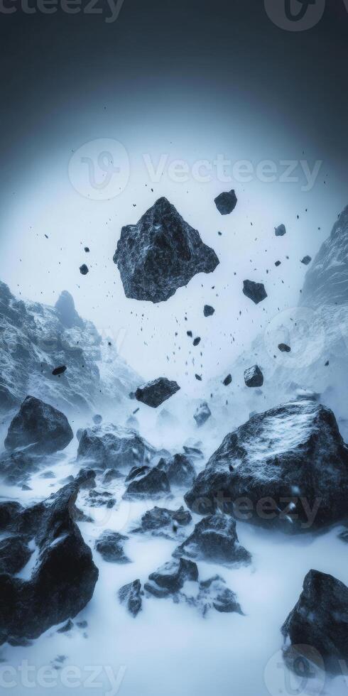 Floating Rocks in Surreal Winter Landscape Amidst Icy Mountains photo