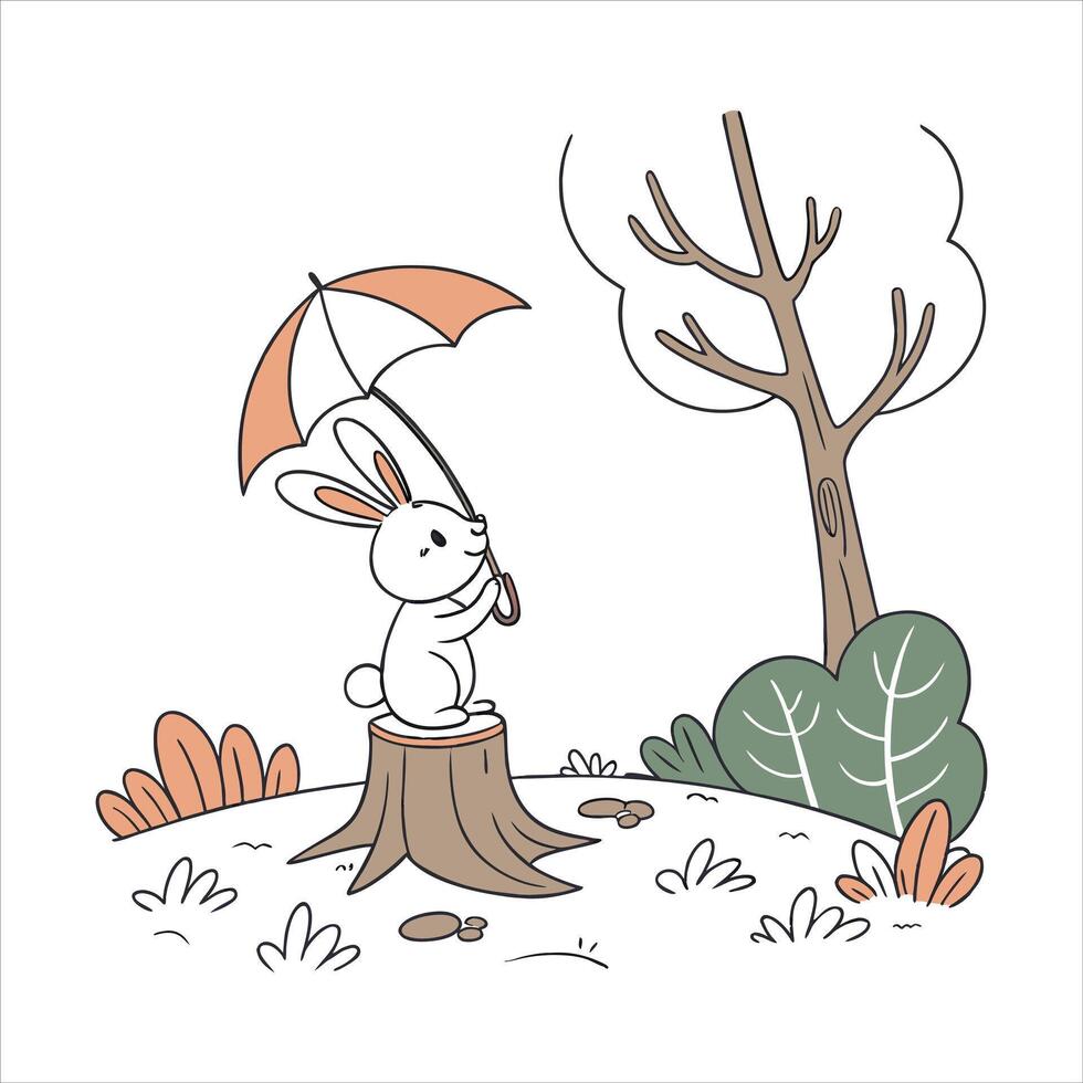 Rabbit walking under umbrella vector
