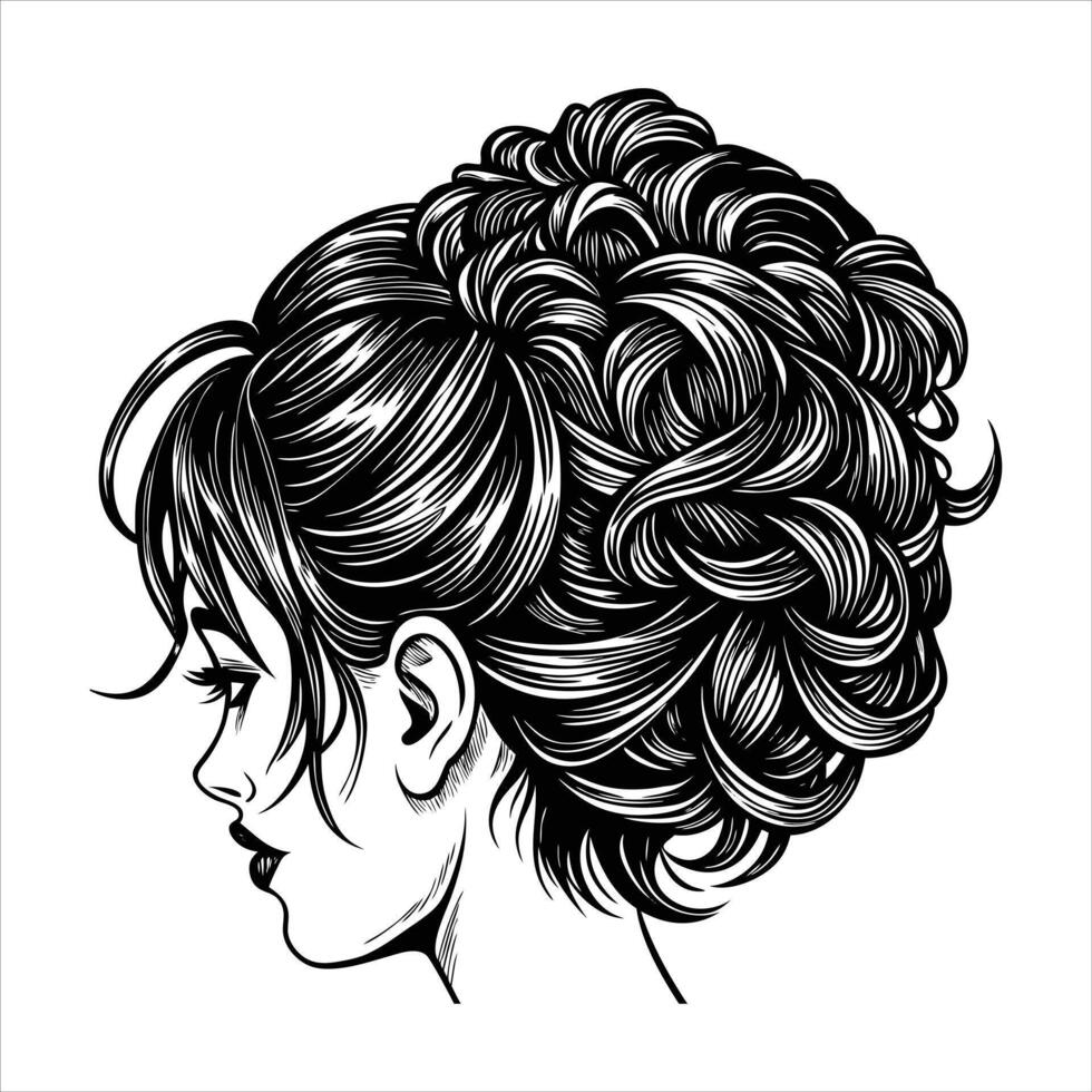 messy bun with curly hair details vector