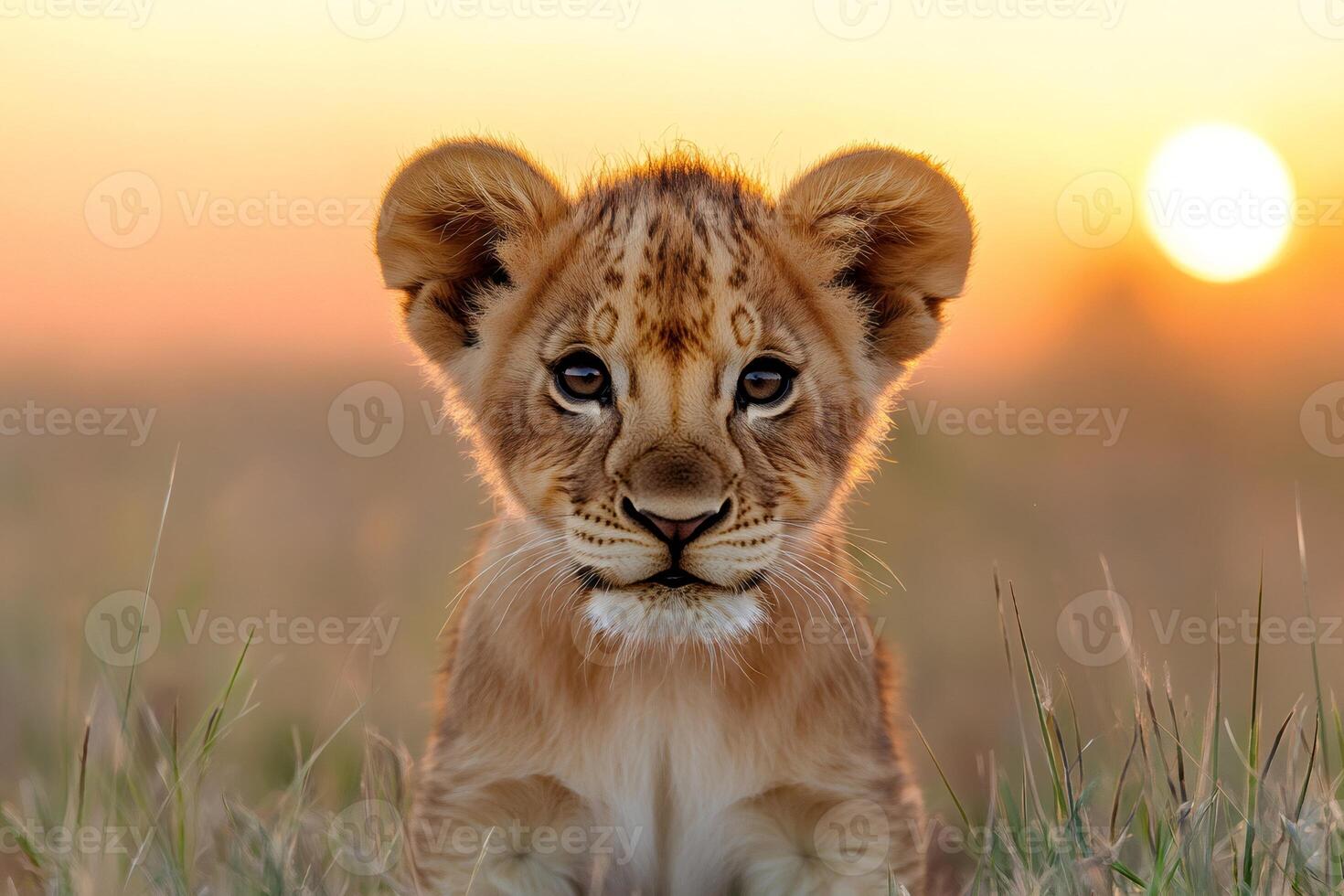 Lion cub enjoying golden sunset in african savanna.. photo