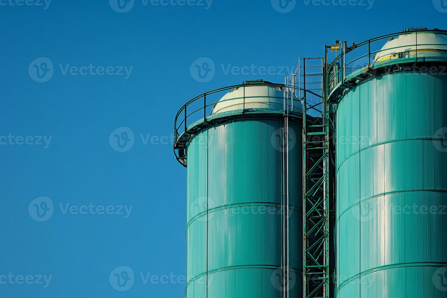 Two industrial silos rising against a clear blue sky photo