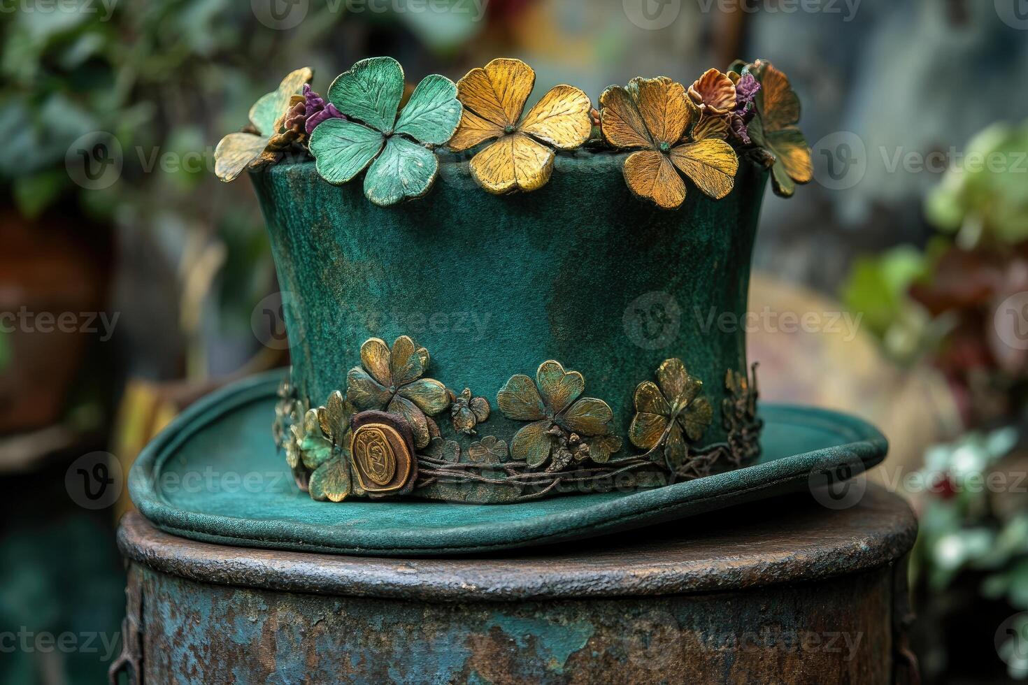 Green top hat decorated with golden and green clovers rests on metal surface photo