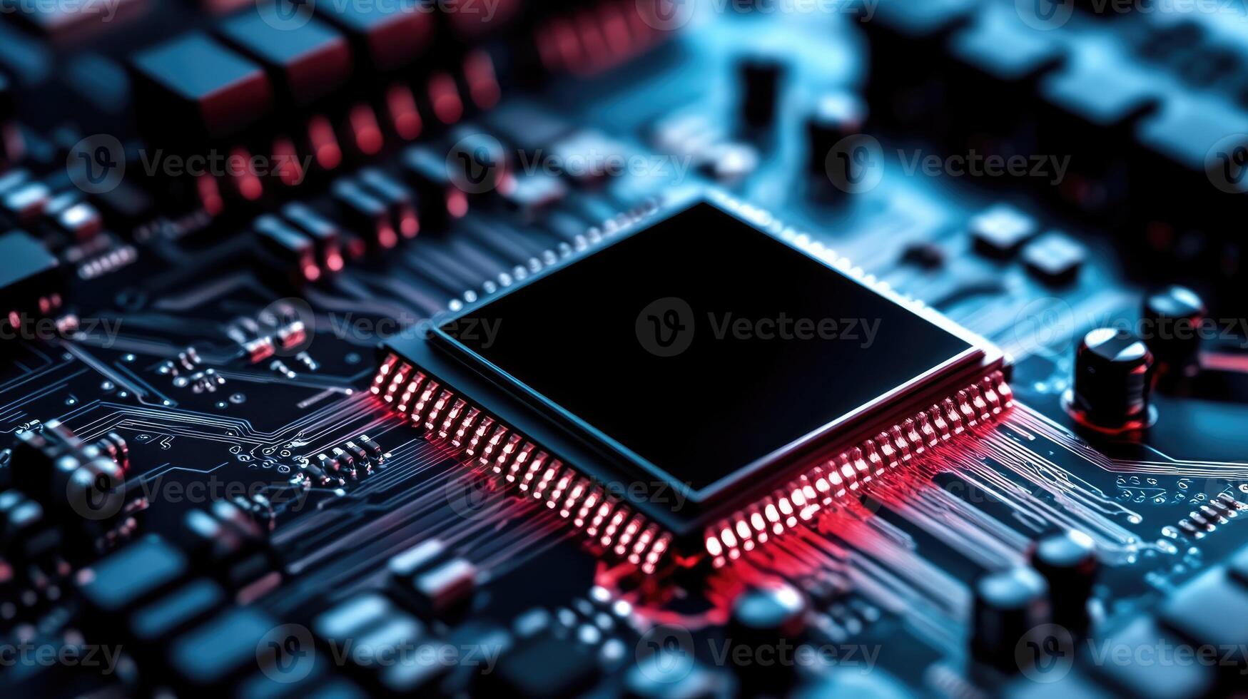 Central processing unit glowing red on circuit board closeup photo