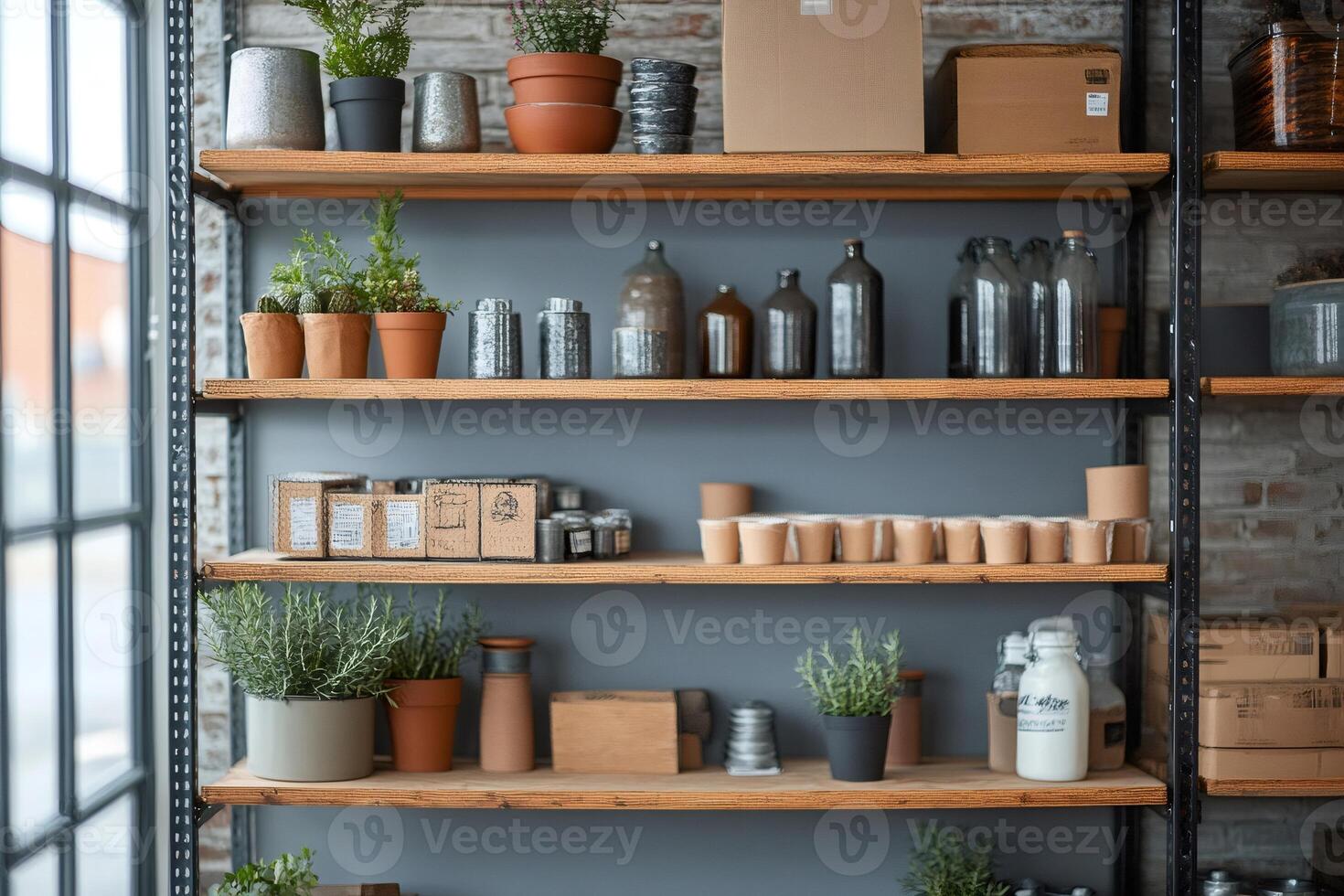 Wooden shelves displaying various items, creating a cozy and organized atmosphere in a retail store photo