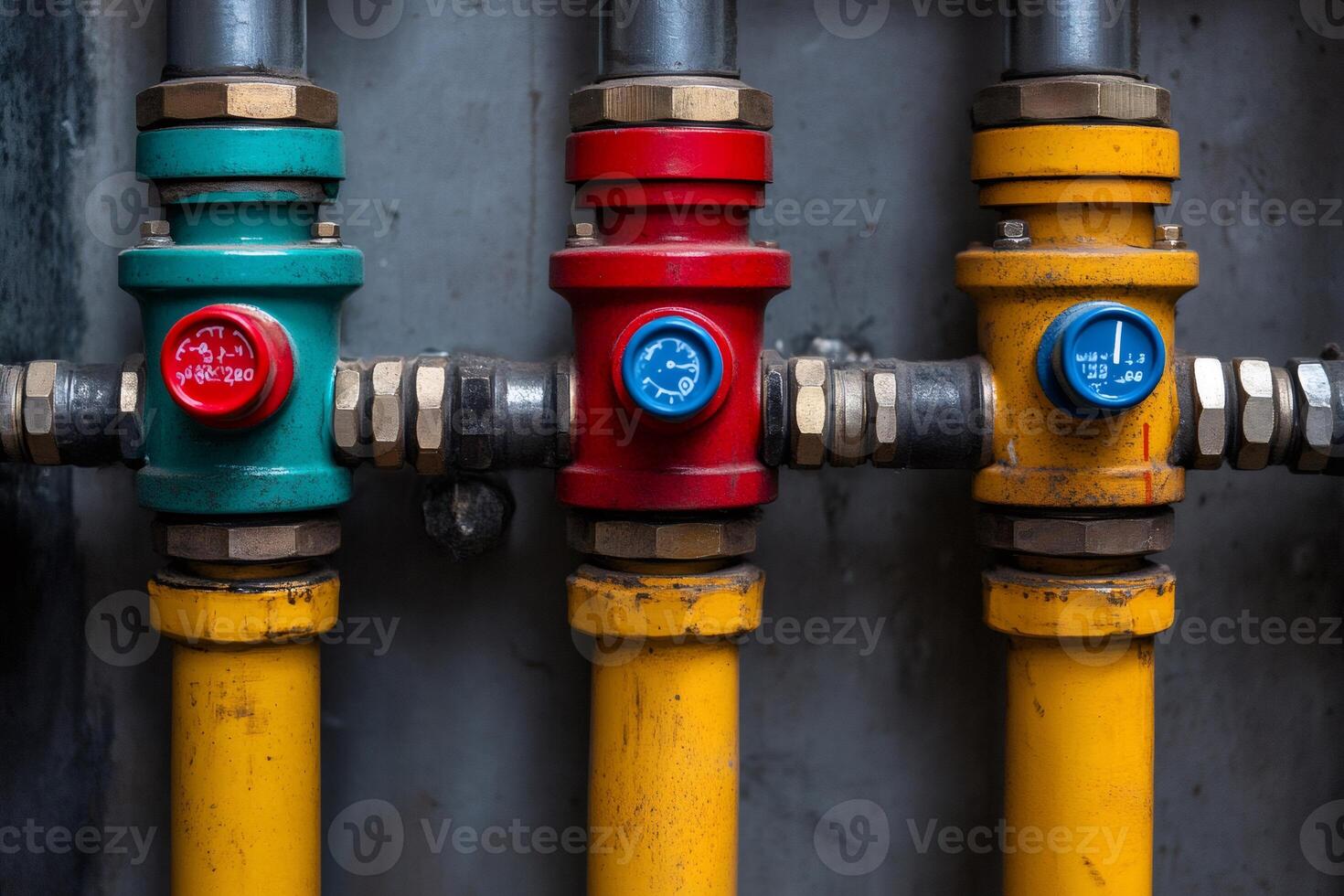 Colorful pipes and valves controlling industrial process flow photo