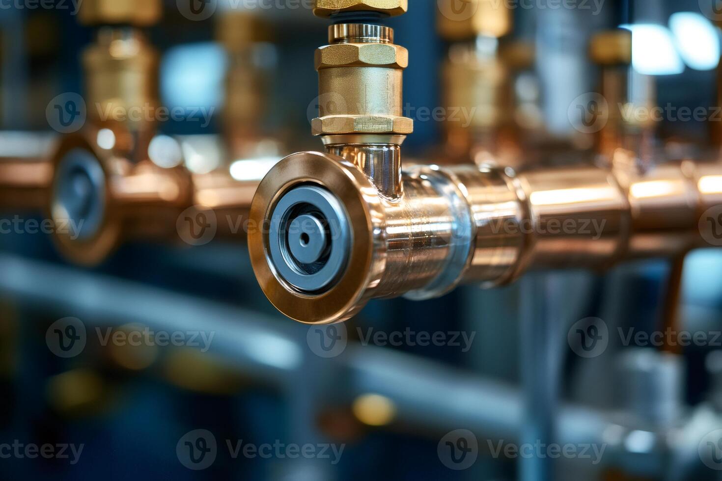 Copper pipes and valves controlling industrial process in modern factory photo