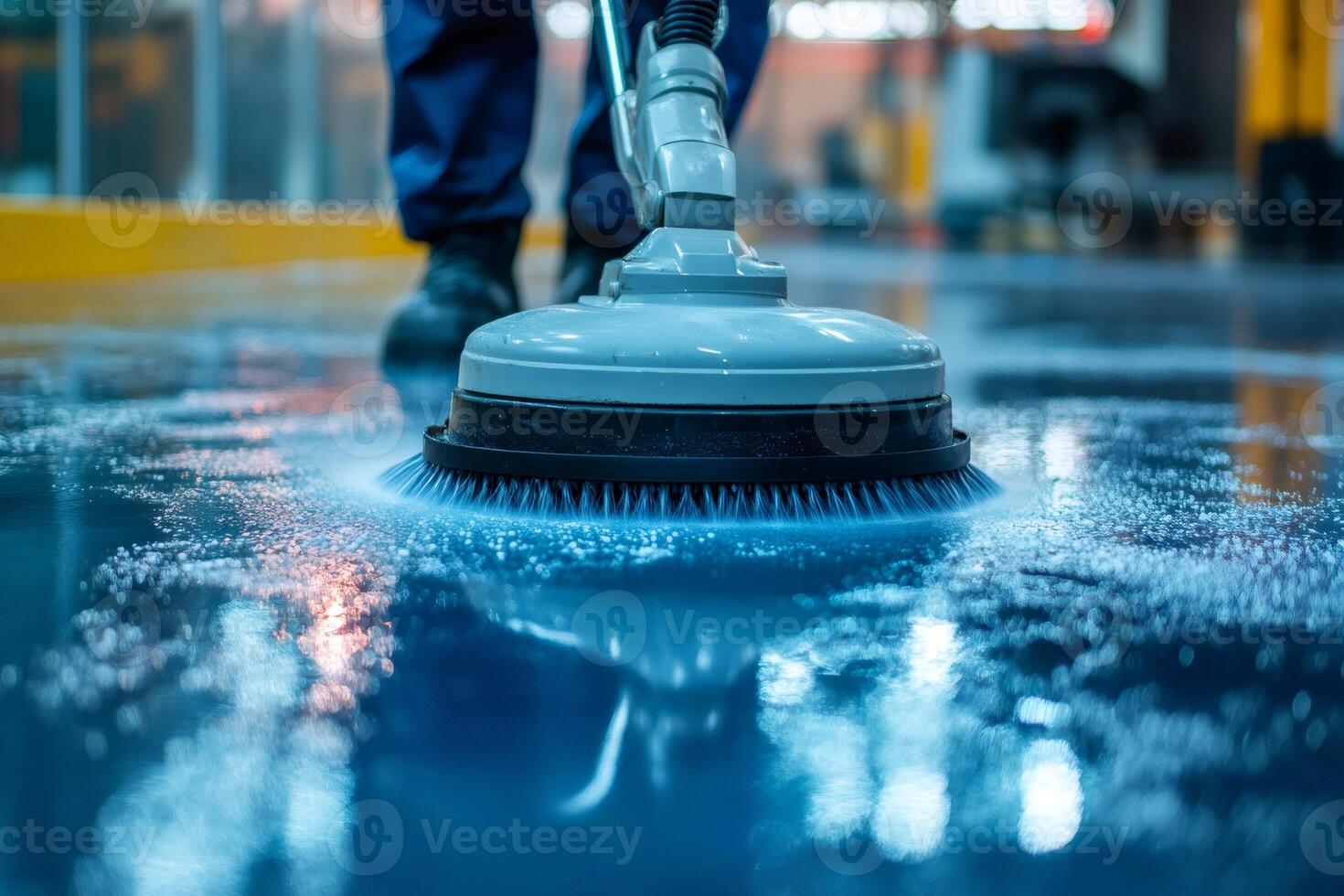 Cleaning service worker using floor scrubber machine in factory photo