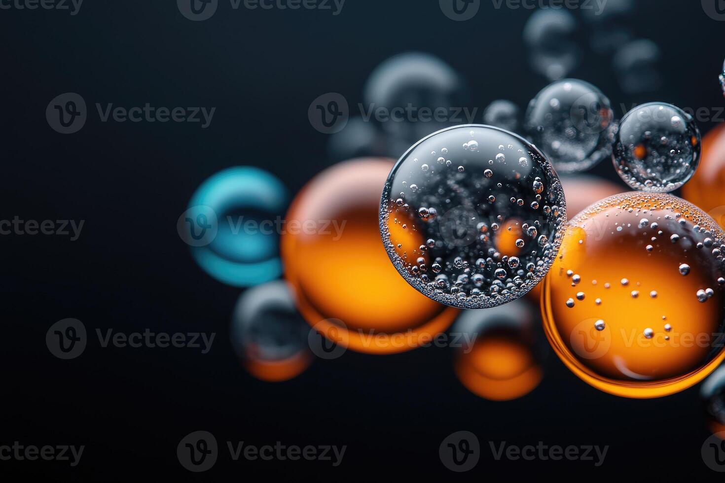 Colorful bubbles floating and reflecting light on dark background photo