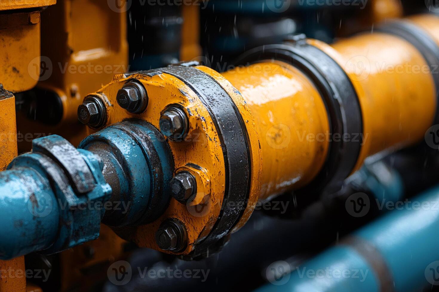 Yellow and blue industrial pipes with flange connecting in the rain photo