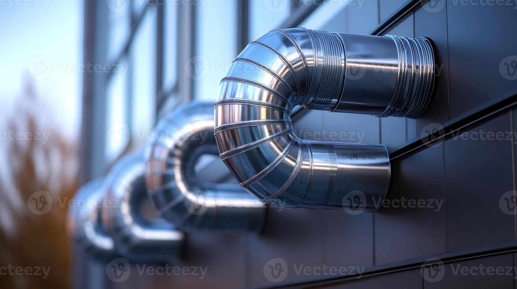 Shiny metal pipes emerging from building exterior wall photo