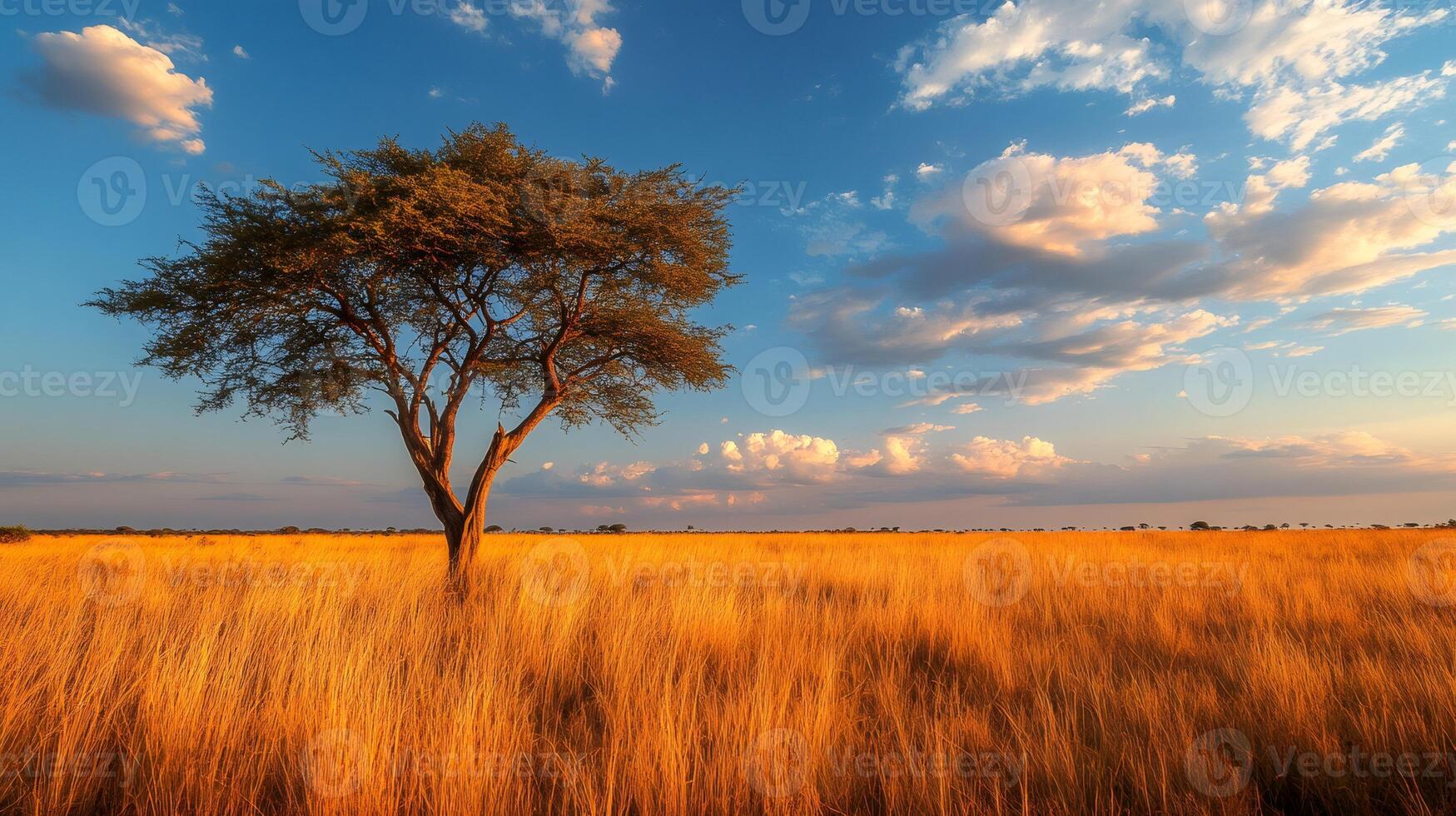 Lonely acacia tree dominating the african savanna at sunset photo