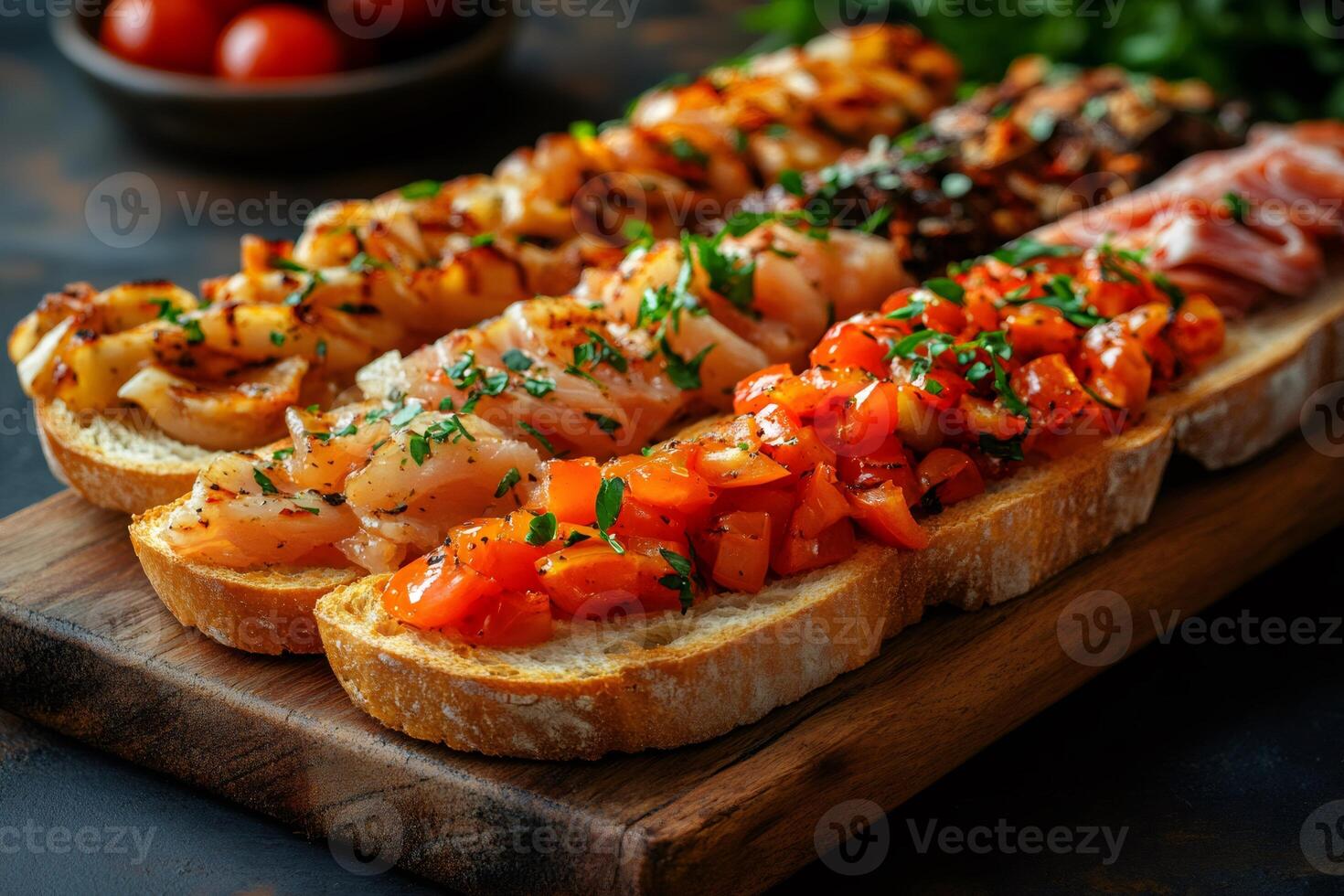 Delicious bruschetta with tomatoes, salmon and grilled vegetables resting on wooden board photo