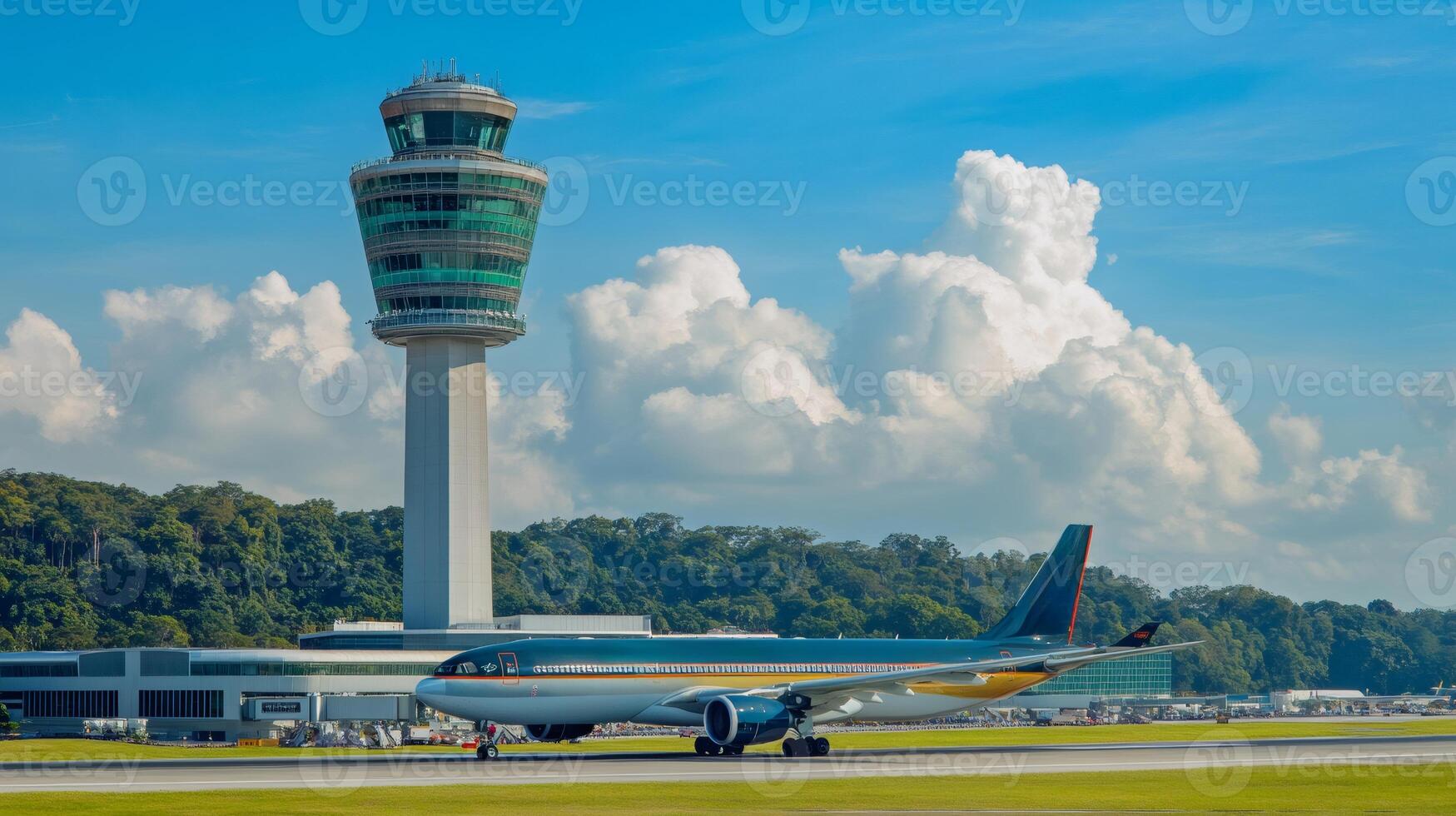 Airplane taxiing on runway near control tower with cumulus clouds photo