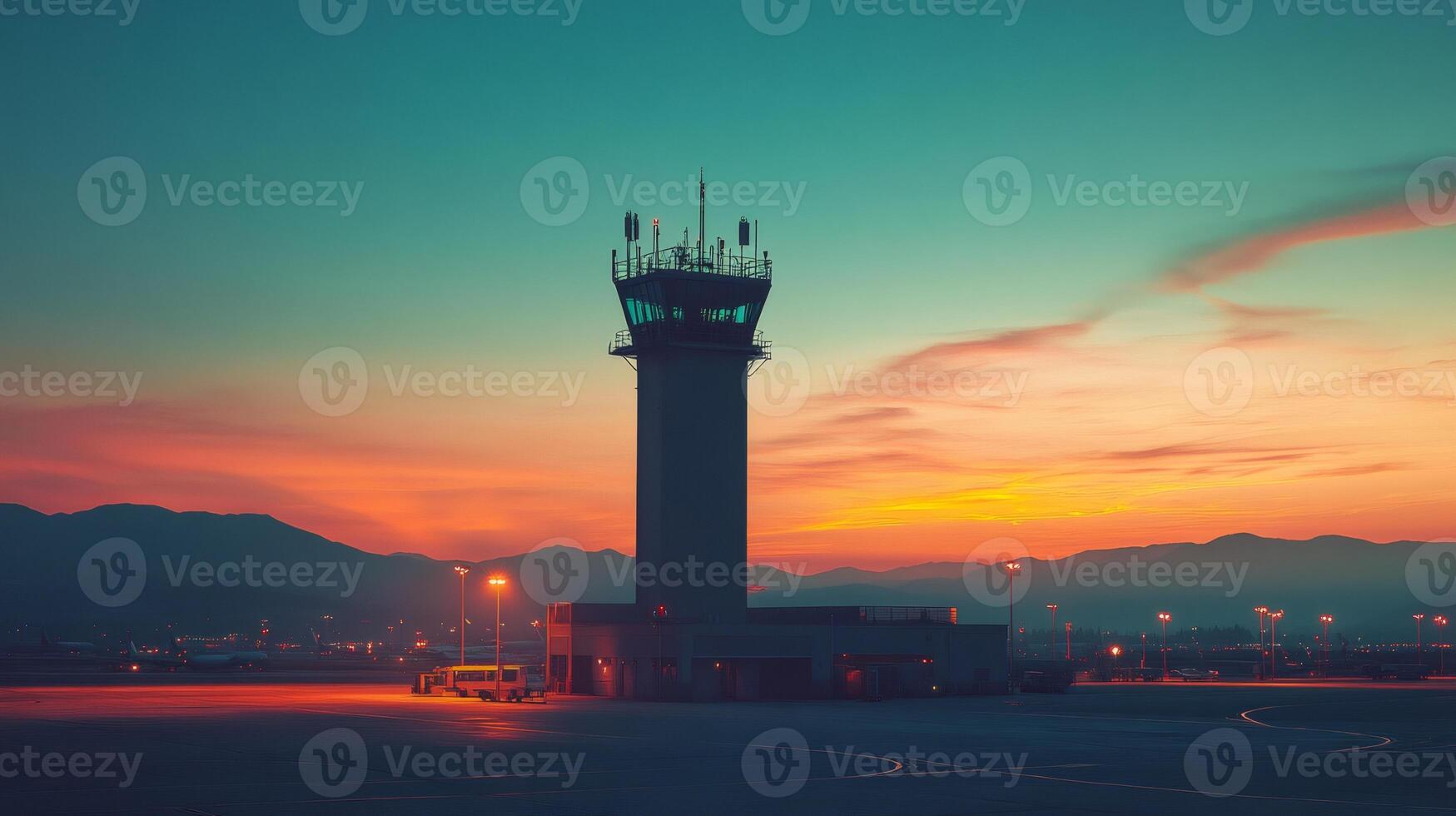Airport control tower managing air traffic at sunset photo
