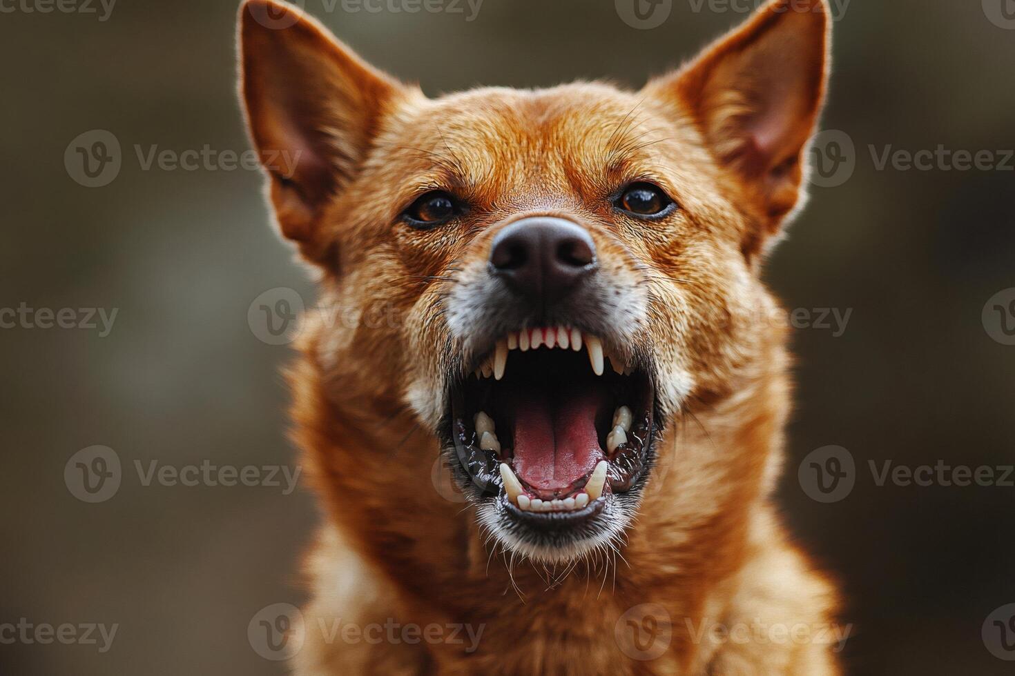 Brown dog showing teeth and snarling aggressively photo