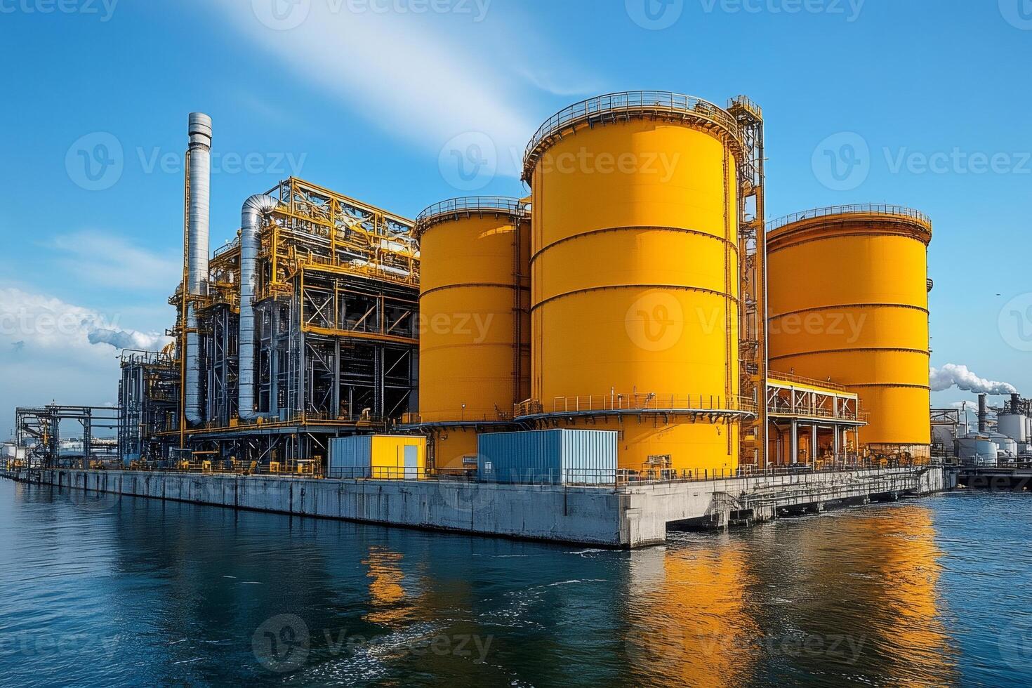 Petrochemical plant processing and storing oil and gas with yellow tanks and blue sky photo