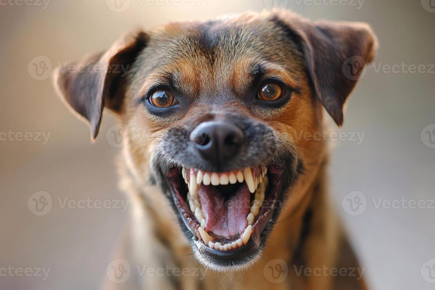 Angry dog showing teeth baring growling snarling headshot photo