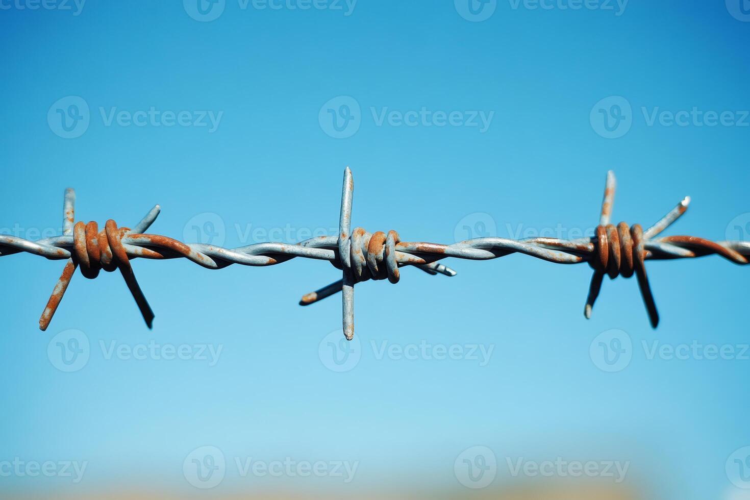 Rusty barbed wire fencing under blue sky symbolizing restriction and boundary photo