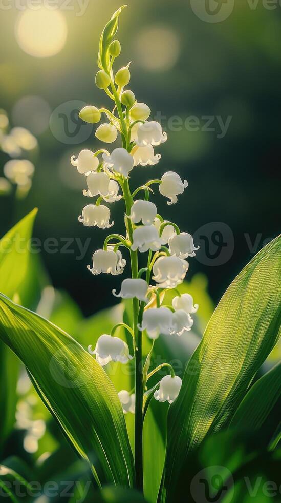 Lily of the valley flowers growing in spring forest. photo