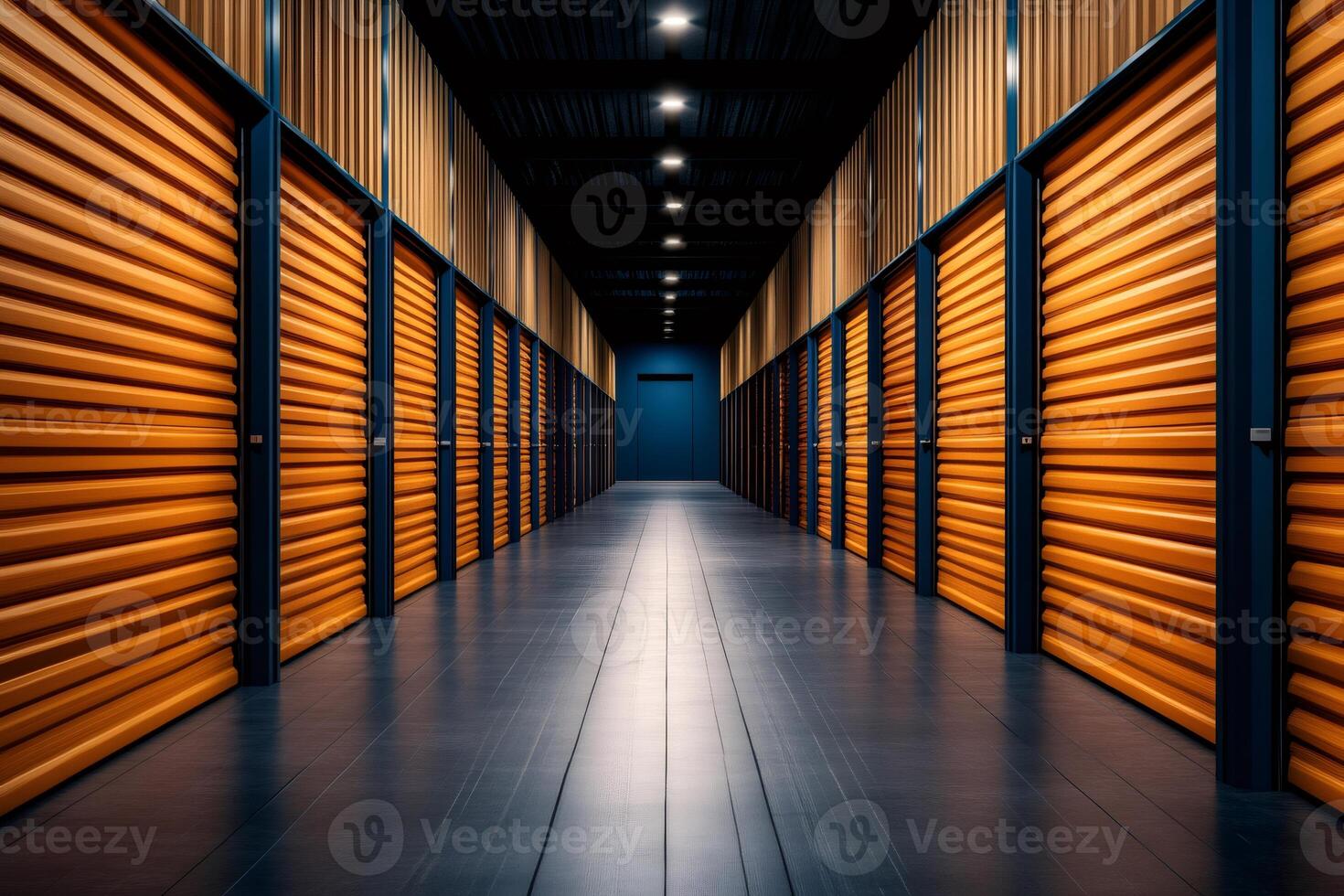 Long corridor with orange storage units and nobody around photo