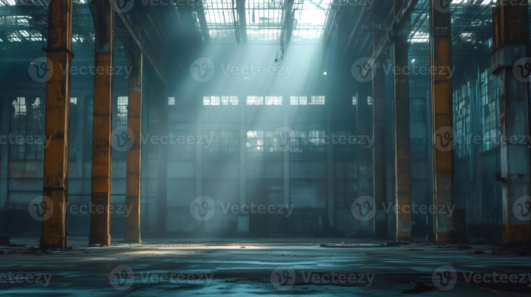 Sunbeams lighting empty industrial building interior with broken windows photo