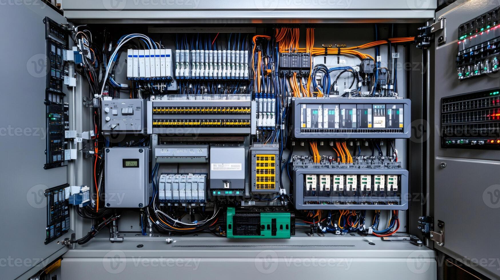 Open electrical cabinet exposing complex wiring and components.. photo