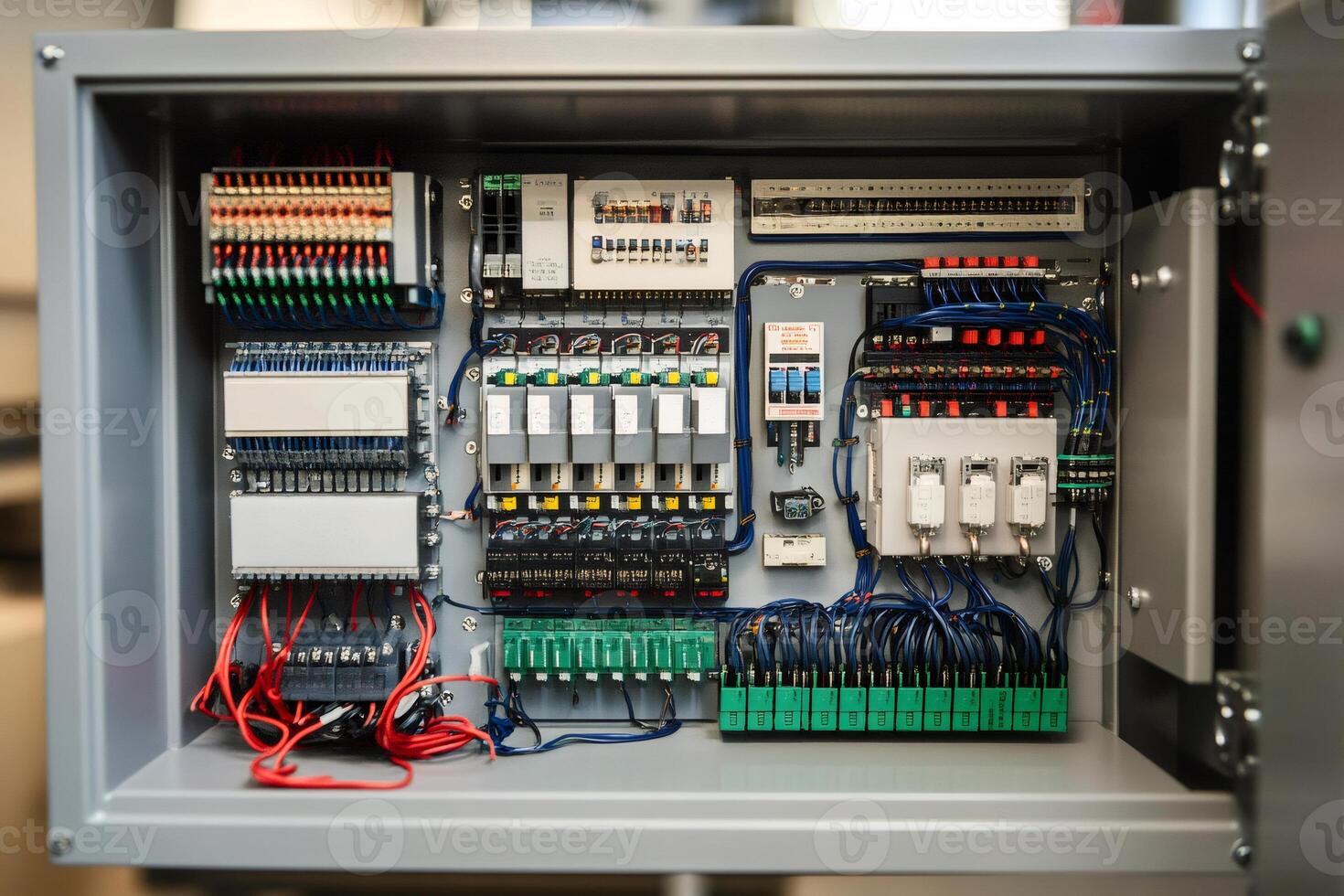 Electrical control panel showing complex wiring and components photo