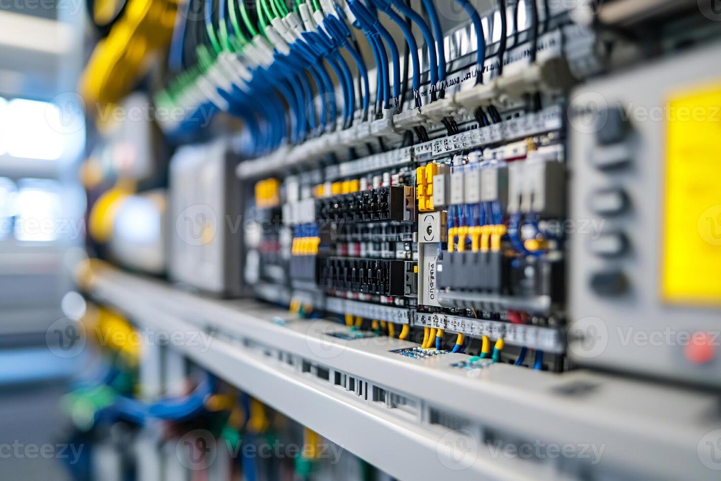 Electrical cabinet showing automation control system with wires and relays photo
