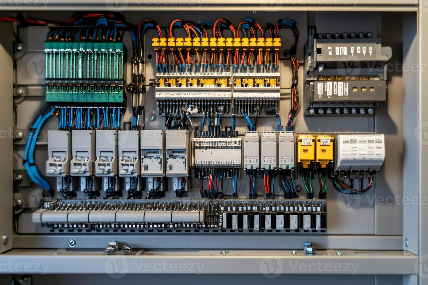 Electrical cabinet showing complex wiring and components for power distribution photo