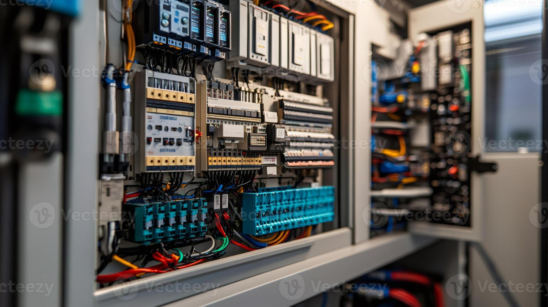 Open electrical cabinet exposing complex wiring and components .. photo