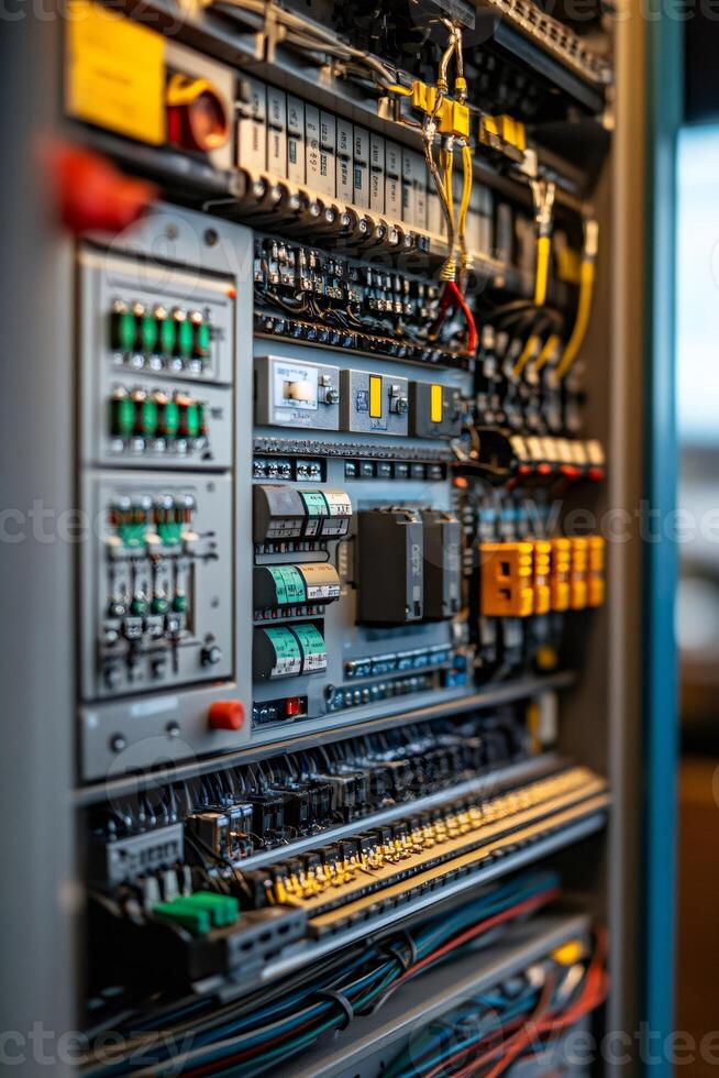 Electrical cabinet showing complex wiring and components. photo